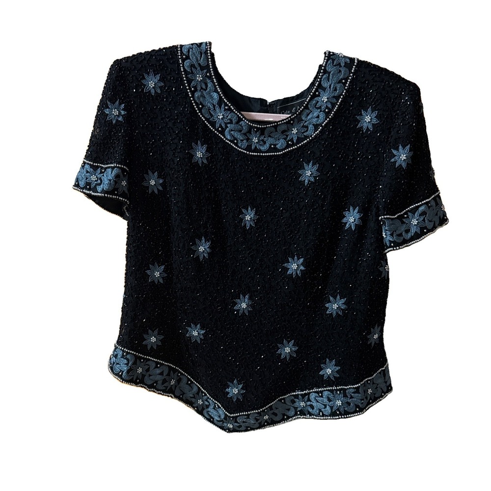 Cote d Azur Evening  Silk Beaded Embroidered Short sleeve Black top XL